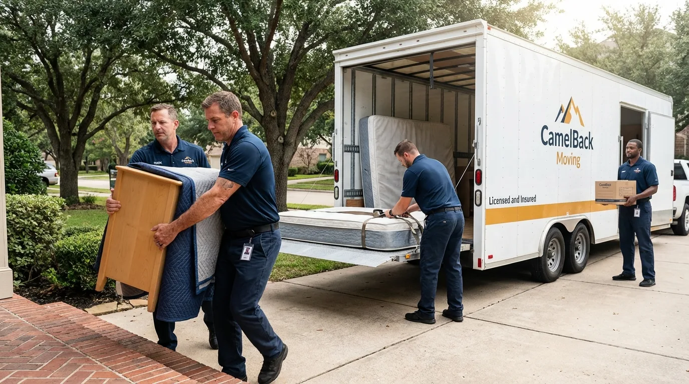 Crew loading residential truck for cross-state move from Wallis, TX