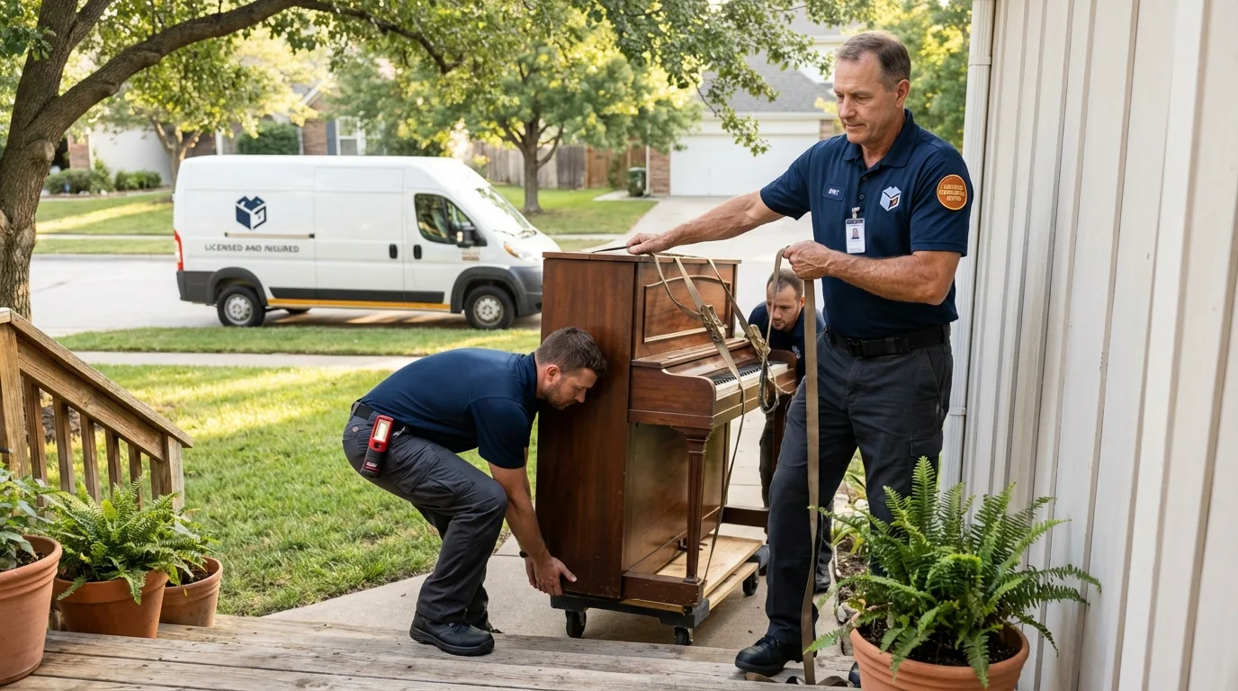 Licensed piano movers securing grand piano in Wallis, TX