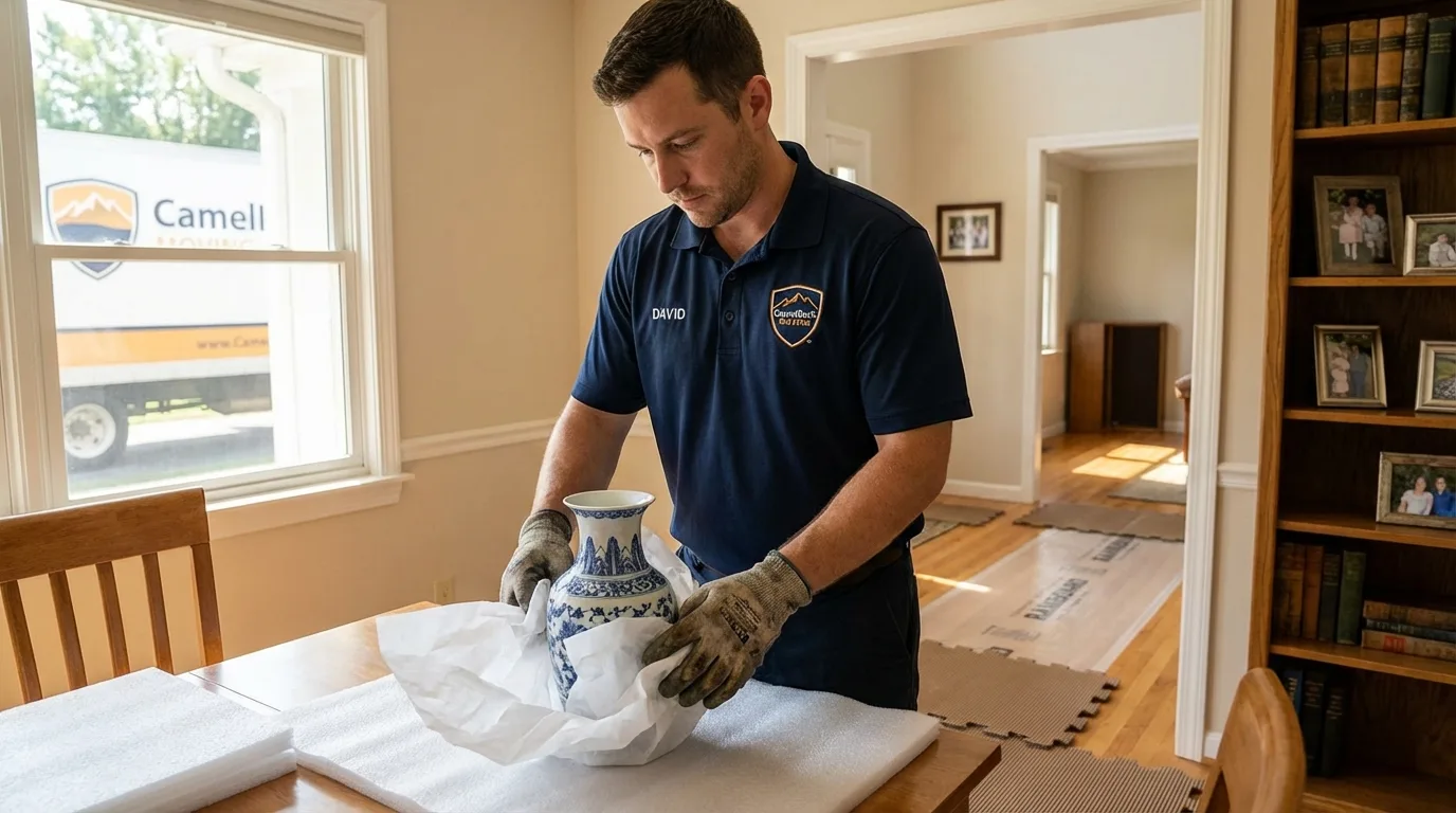 Professional crew carefully wrapping antique vase for senior downsizing move in Wallis, TX